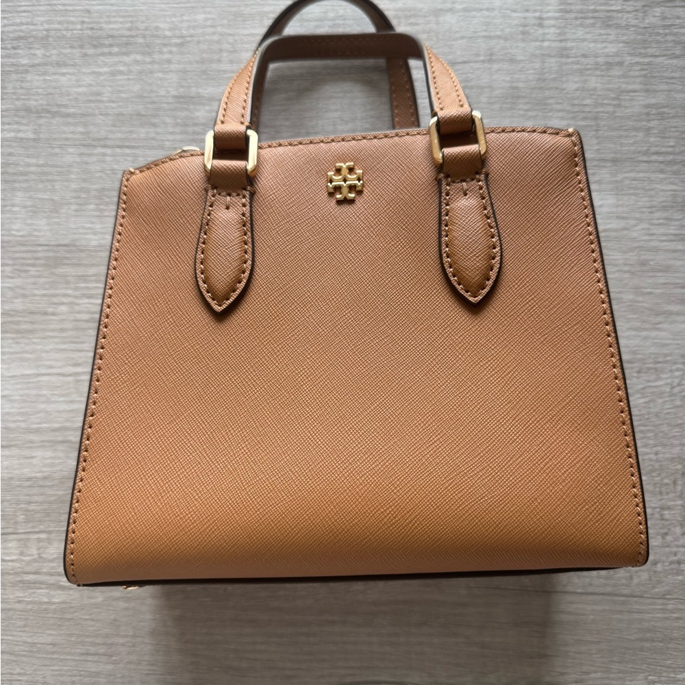 Tory Burch mini Emerson Tan Satchel with Saffiano Leather